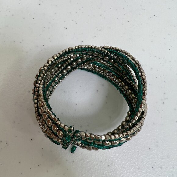 Blue Beaded Wrapped Cuff Flexible Braided Silver Tone Cuff Twist‎ Wire Boho - Picture 6 of 8